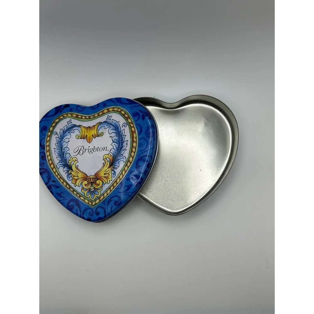 Brighton Heart Shaped Jewelry Tin Blue Yellow Mediterranean Scroll Trinket Box